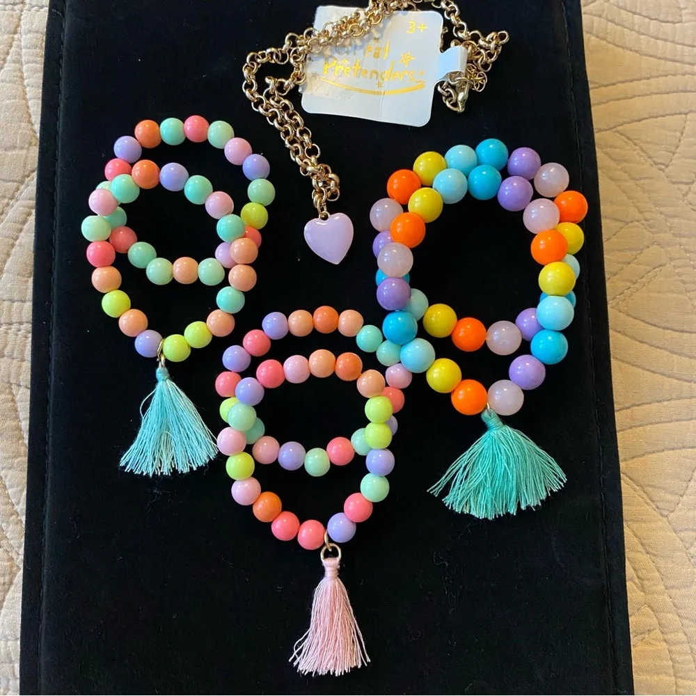 Set of 6 Colorful Beaded Tassel Bracelets & 1 Great Pretenders Heart Necklace